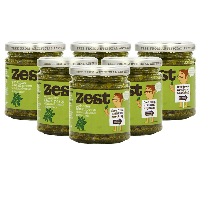 Zest Vegan Coriander & Basil Pesto Sauce, Pack of 6 x 165g, With Hazelnuts & Cashew Nuts