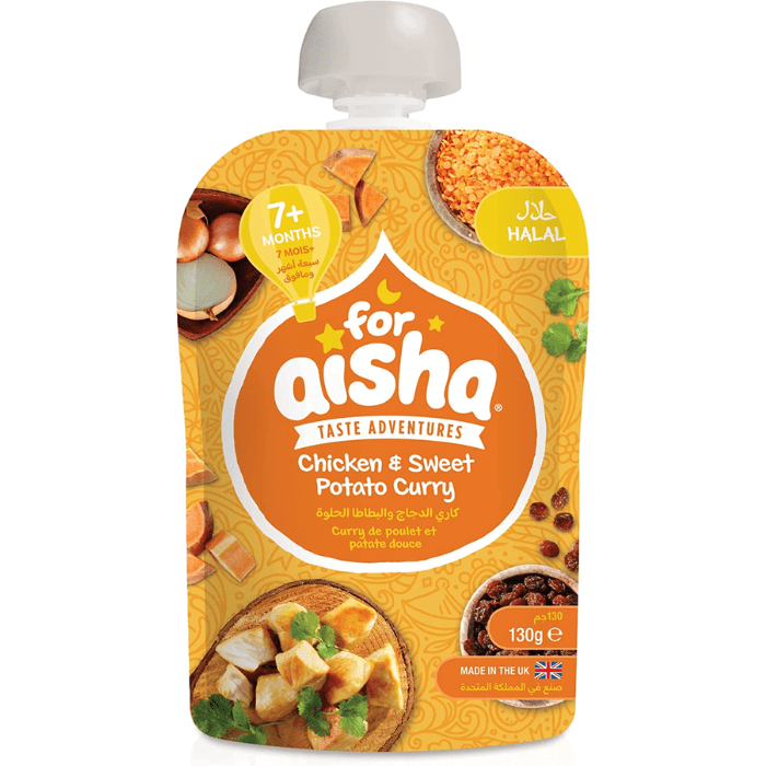 Load image into Gallery viewer, For Aisha Halal Baby Food Chicken &amp; Sweet Potato Curry Pouch 130g
