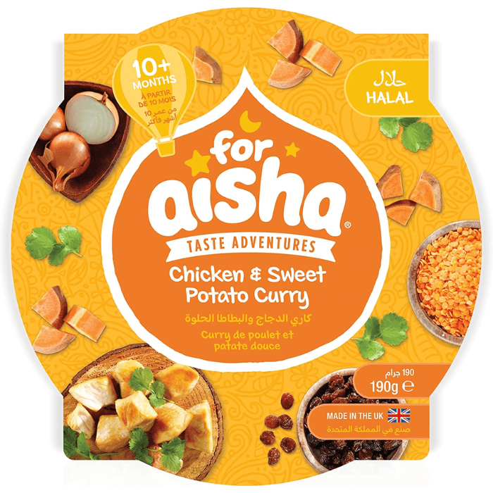 Load image into Gallery viewer, For Aisha Halal Baby Food Chicken &amp; Sweet Potato Curry Tray 190g
