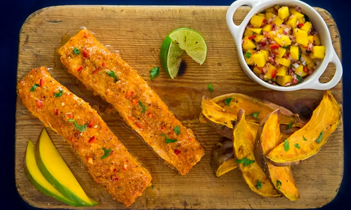 Jerk Salmon Fillet with Peppered Sweet Potato Wedges