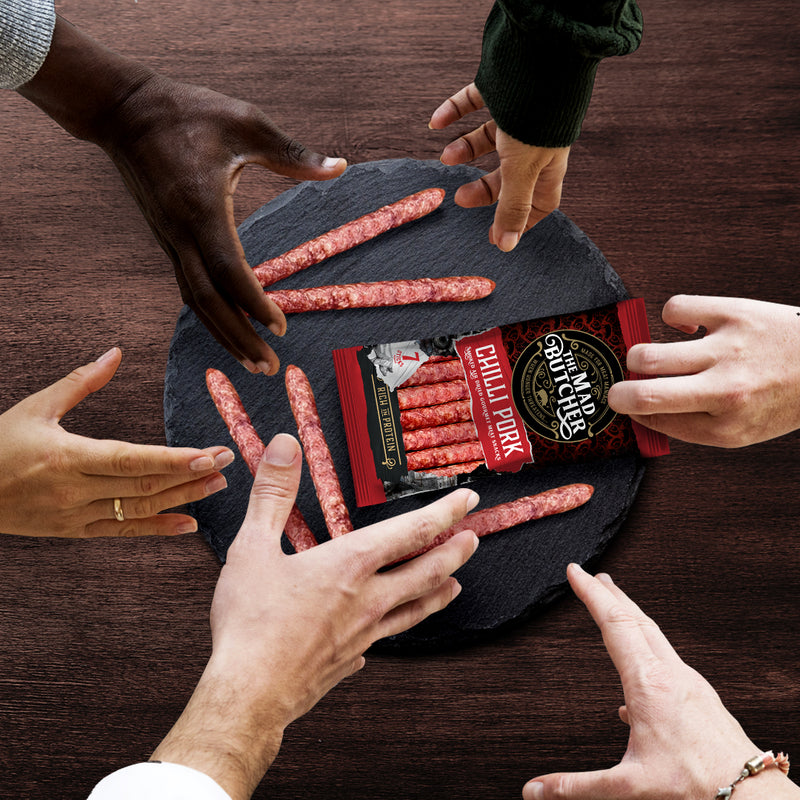 Load image into Gallery viewer, The Mad Butcher Chilli Pork Salami Sticks 70g | Pack of 8 | High Protein Meat Snack | Gluten Free Snack Sticks Keto Diet
