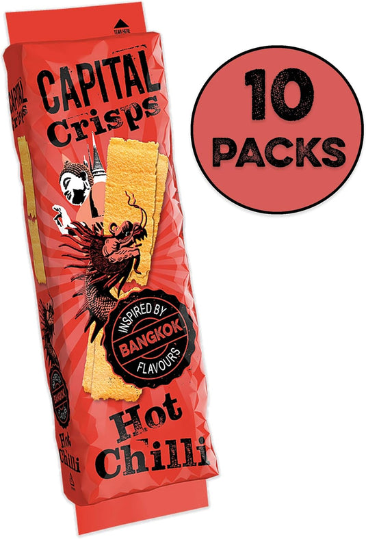Capital Crisps Bangkok Hot Chilli Pack of 10 x 75g - Elongated Crisps. Multipack Crisps, Vegetarian Snacks, Healthy Snack
