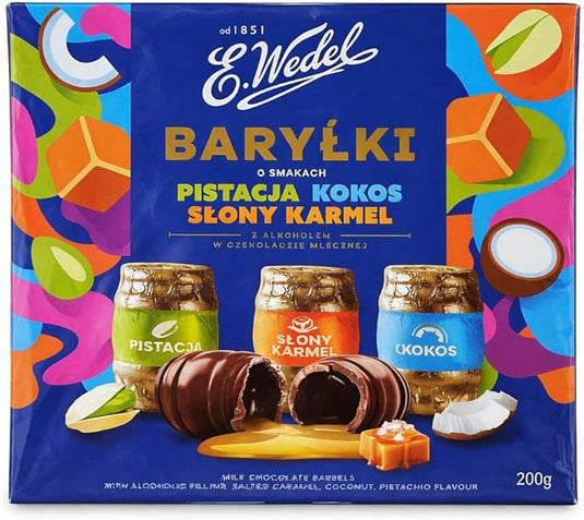 E.Wedel Happy Barrels Liquer Chocolate Box | Pistachio, Coconut and Salted Caramel | Pack of 1 x 200g Luxury Chocolates Gift Box