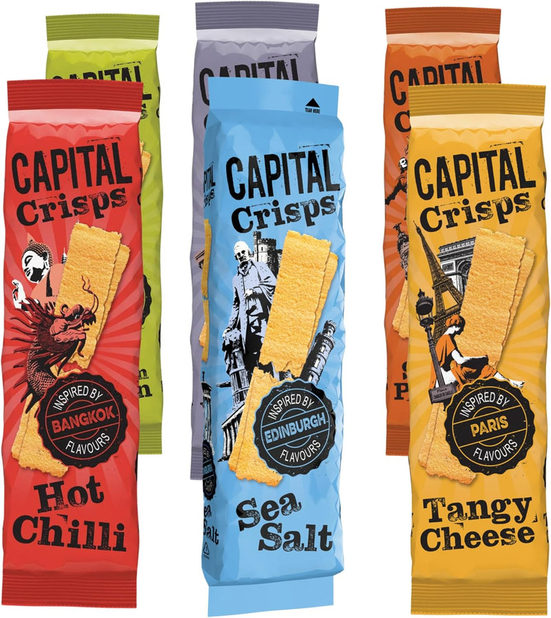 Load image into Gallery viewer, Capital Crisps World Tour 6 Pack Bundle | 6 x 75g Flat Crisps | Variety Snack Selection: Hot Chilli, Sour Cream &amp; Onion, Salt &amp; Vinegar, Smoky Paprika, Tangy Cheese, Sea Salt
