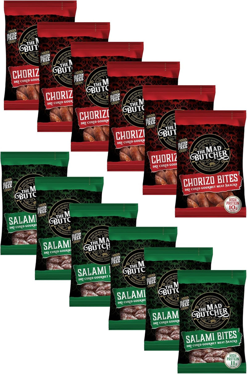 Load image into Gallery viewer, Mad Butcher Chorizo Bites &amp; Salami Bites – 40g | Rich, Savory On-the-Go Bite-Size Treats | Pack of 12 (VARIETY Bundle)
