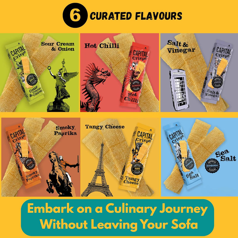Load image into Gallery viewer, Capital Crisps World Tour 6 Pack Bundle | 6 x 75g Flat Crisps | Variety Snack Selection: Hot Chilli, Sour Cream &amp; Onion, Salt &amp; Vinegar, Smoky Paprika, Tangy Cheese, Sea Salt
