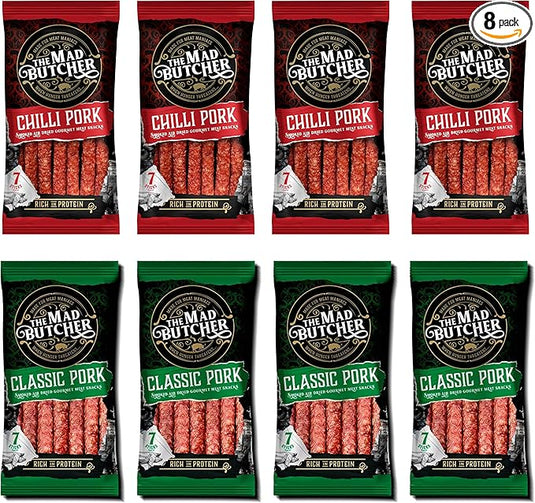 The Mad Butcher Salami Sticks 560g | Spicy Pork Classic & Chilli, Variety Pack | High Protein Meat Snack | Mini Salami Snacks | Gluten Free Snack Sticks Keto Diet | 70g X 8
