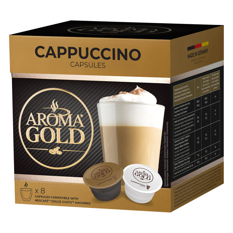 Load image into Gallery viewer, AROMA GOLD Cappuccino Coffee Pods 16 Capsules – Coffeee Capsules Dolce Gusto Compatible Flavoured Coffee Pods for Dolce Gusto Machines Barista-Approved, Mild &amp; Harmonious Taste Perfect
