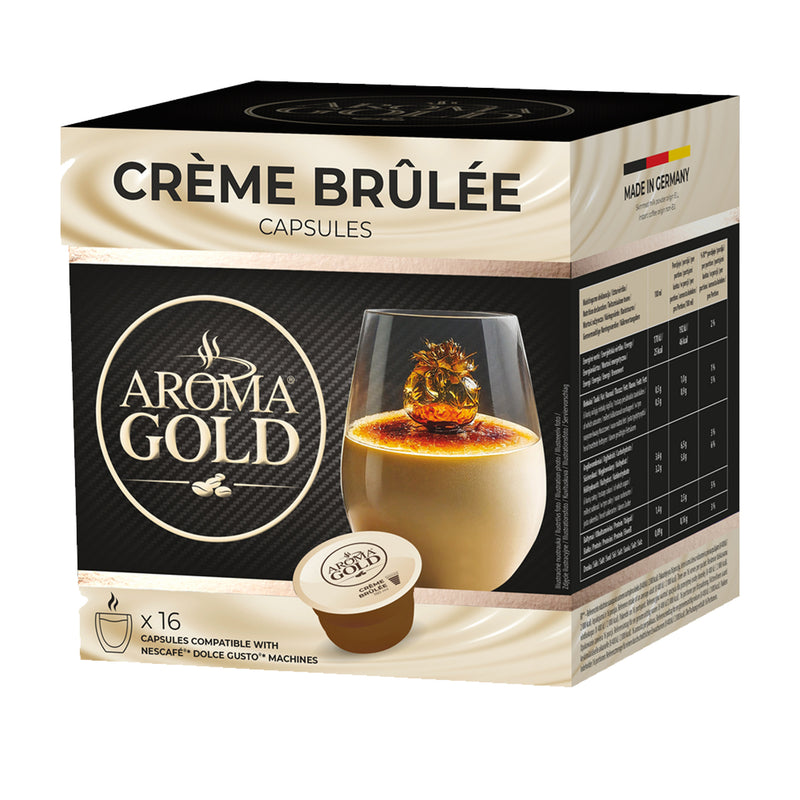 Load image into Gallery viewer, AROMA GOLD Creme Brulee Flavour Coffee Pods 16 Capsules – Coffee Capsules Dolce Gusto Compatible Flavoured Coffee Pods for Coffee Machines Barista-Approved, Mild &amp; Harmonious Taste
