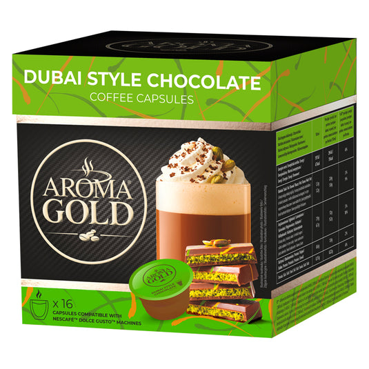AROMA GOLD Dubai Chocolate Flavour Coffee Pods 16 Capsules – Coffee Capsules Dolce Gusto Compatible Flavoured Coffee Pods for Coffee Machines Barista-Approved, Mild & Harmonious Taste