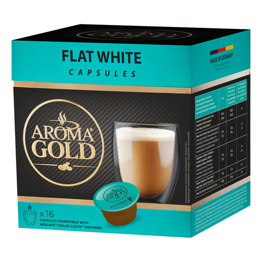 AROMA GOLD Flat White Coffee Pods 16 Capsules – Coffeee Capsules Dolce Gusto Compatible Flavoured Coffee Pods for Dolce Gusto Machines Barista-Approved, Mild & Harmonious Taste Perfect