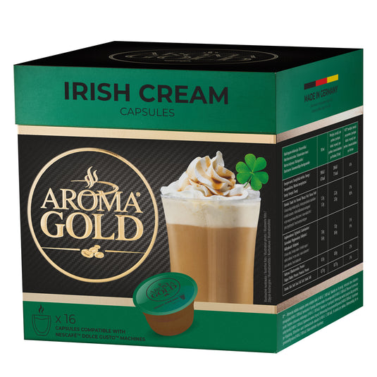 AROMA GOLD Irish Cream Flavour Coffee Pods 256g (16 Capsules) – Coffee Capsules Dolce Gusto Compatible Flavoured Coffee Pods for Coffee Machines Barista-Approved, Mild & Harmonious Taste Perfect