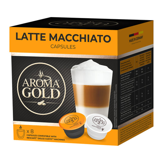 AROMA GOLD LATTE MACCHIATO Coffee Pods 16 Capsules – Coffeee Capsules Dolce Gusto Compatible Flavoured Coffee Pods for Dolce Gusto Machines Barista-Approved, Mild & Harmonious Taste Perfect