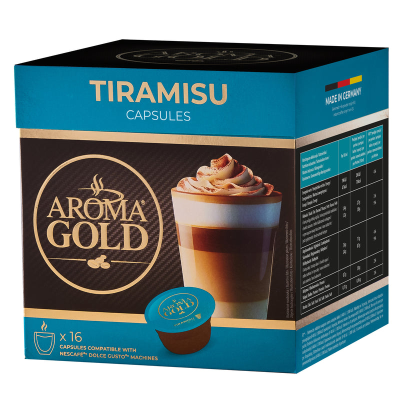 Load image into Gallery viewer, AROMA GOLD Tiramisu Flavour Coffee Pods (16 Capsules) – Coffee Capsules Dolce Gusto Compatible Flavoured Coffee Pods for Coffee Machines Barista-Approved, Mild &amp; Harmonious Taste
