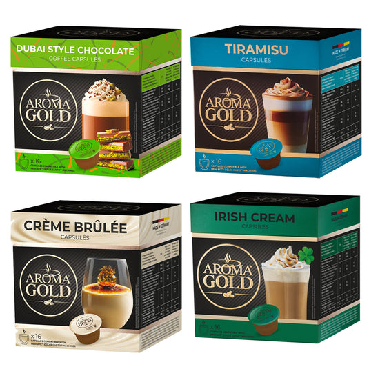 AROMA GOLD Variety Pack Flavoured Coffee Pods 64 Capsules – Coffeee Capsules Dolce Gusto Compatible Flavoured Coffee Pods for Dolce Gusto Machines Barista-Approved, Mild & Harmonious