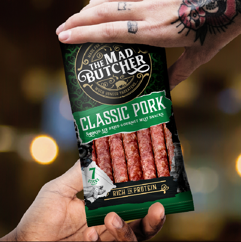 Load image into Gallery viewer, The Mad Butcher Salami Sticks 560g | Pork Classic | High Protein Meat Snack | Mini Salami Snacks | Gluten Free Snack Sticks Keto Diet | 70g X 8
