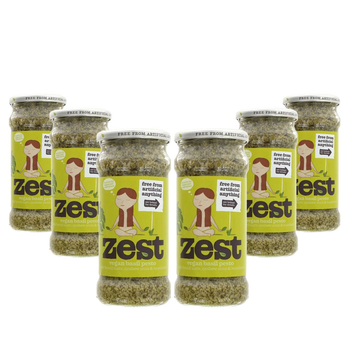 Zest Vegan Basil Pesto, Plant Based, Pack of 6 x 340g, Italian recipe with Basil & Cashew Nuts, Gluten & Dairy Free