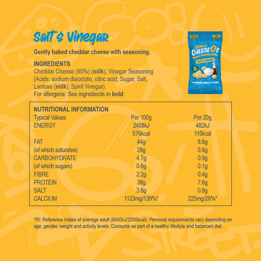 CheeseO's Crunchy Cheese Snacks Salt & Vineagar Crisps Pack of 5x20g - Cheddar Bites, Keto Snacks, High Protein Snack, Baked Crisps Low Carb Gluten Free Vegetarian Savoury Snack