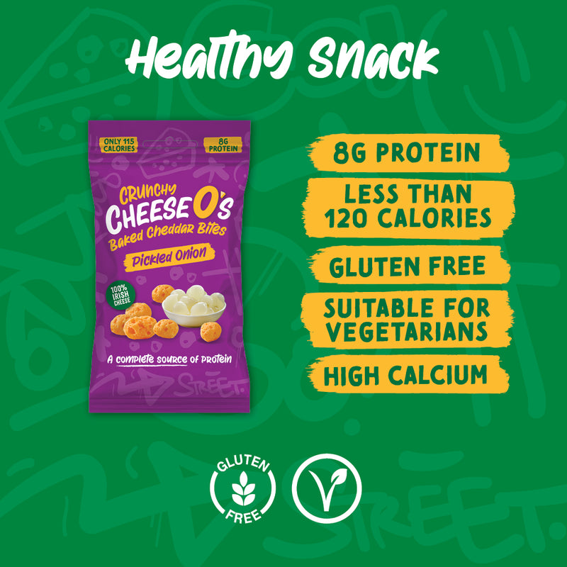 Load image into Gallery viewer, CheeseO's Crunchy Cheese Snacks Pickled Onion Pack of 5x20g - Cheddar Bites, Keto Snacks, High Protein Snack, Baked Crisps Low Carb Gluten Free Vegetarian Savoury Snack
