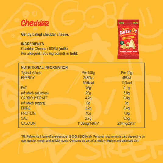 CheeseO's Crunchy Baked Cheddar Cheese Snacks Pack of 5x20g - Cheddar Bites, Keto Snacks, High Protein Snack, Baked Crisps Low Carb Gluten Free Vegetarian Savoury Snack