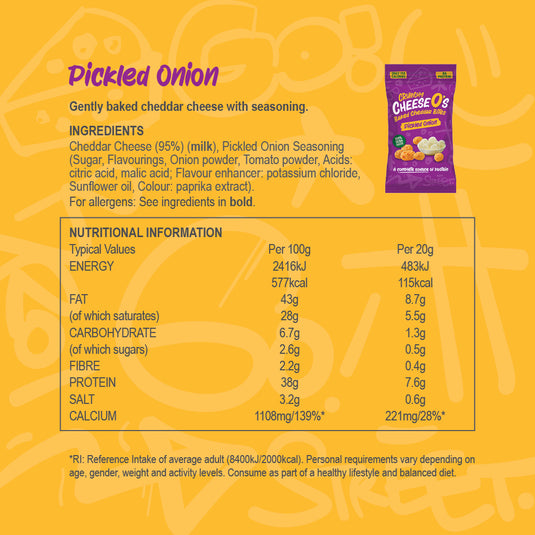 CheeseO's Crunchy Cheese Snacks Pickled Onion Pack of 5x20g - Cheddar Bites, Keto Snacks, High Protein Snack, Baked Crisps Low Carb Gluten Free Vegetarian Savoury Snack