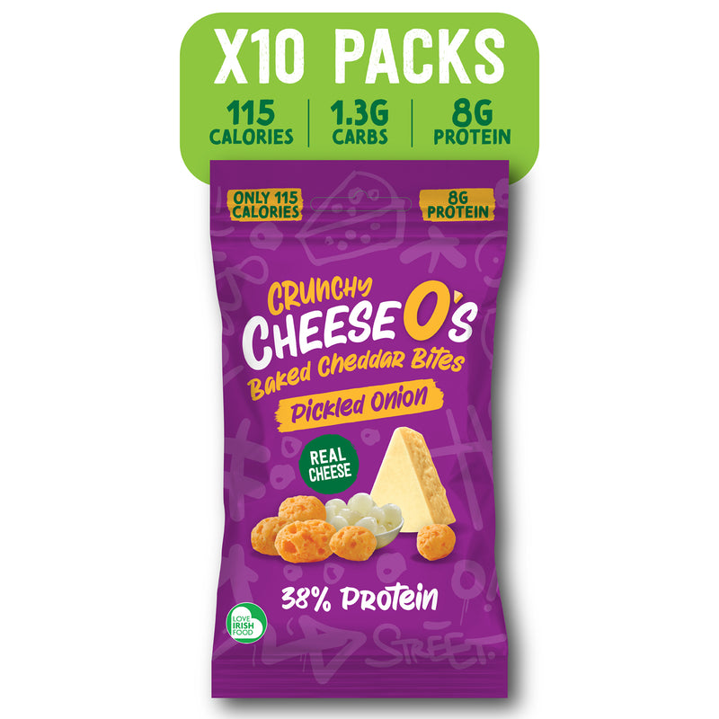 Load image into Gallery viewer, CheeseO's Crunchy Cheese Snacks Pickled Onion Pack of 5x20g - Cheddar Bites, Keto Snacks, High Protein Snack, Baked Crisps Low Carb Gluten Free Vegetarian Savoury Snack
