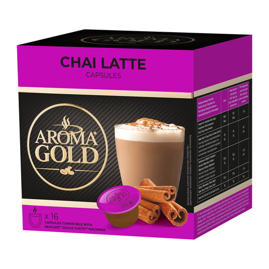 AROMA GOLD Dolce Gusto Chai Latte Pods 16 Capsules – Chai Latte Capsules Dolce Gusto Compatible Black Tea with Cinnamon & Exotic Indian Spices – Rich, Creamy & Aromatic Beverage Chai Pods