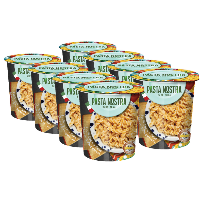 Load image into Gallery viewer, Pasta Nostra | Cheese &amp; Pepper | Vegetarian | Instant fusilli pasta with a cheese and pepper sauce 70g x 8
