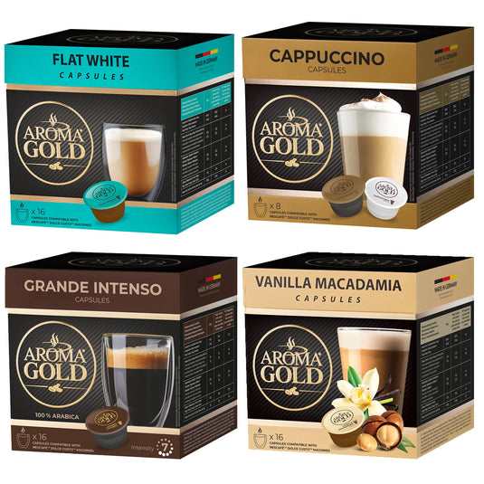 AROMA GOLD Variety Pack Flavoured Coffee Pods 64 Capsules – Coffeee Capsules Dolce Gusto Compatible Flavoured Coffee Pods for Dolce Gusto Machines Barista-Approved, Mild & Harmonious