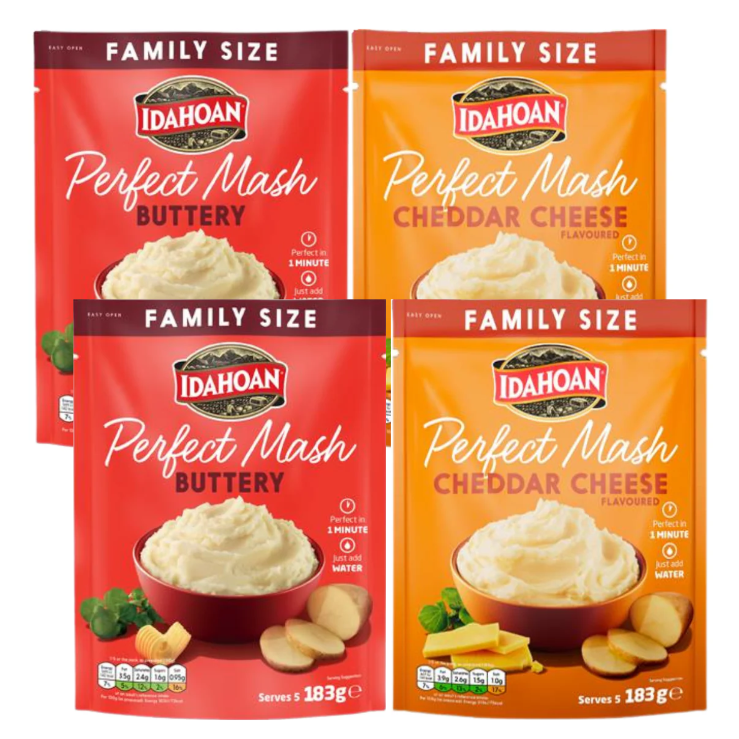 Idahoan Perfect Mash Buttery & Cheddar 183g Sachets FAMILY size x 2 ...
