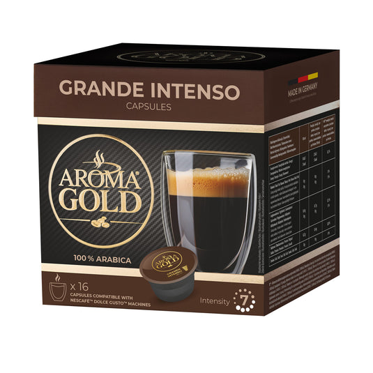 AROMA GOLD Grand Intenso Coffee Pods 16 Capsules – Coffeee Capsules Dolce Gusto Compatible Flavoured Coffee Pods for Dolce Gusto Machines Barista-Approved, Mild & Harmonious Taste Perfect