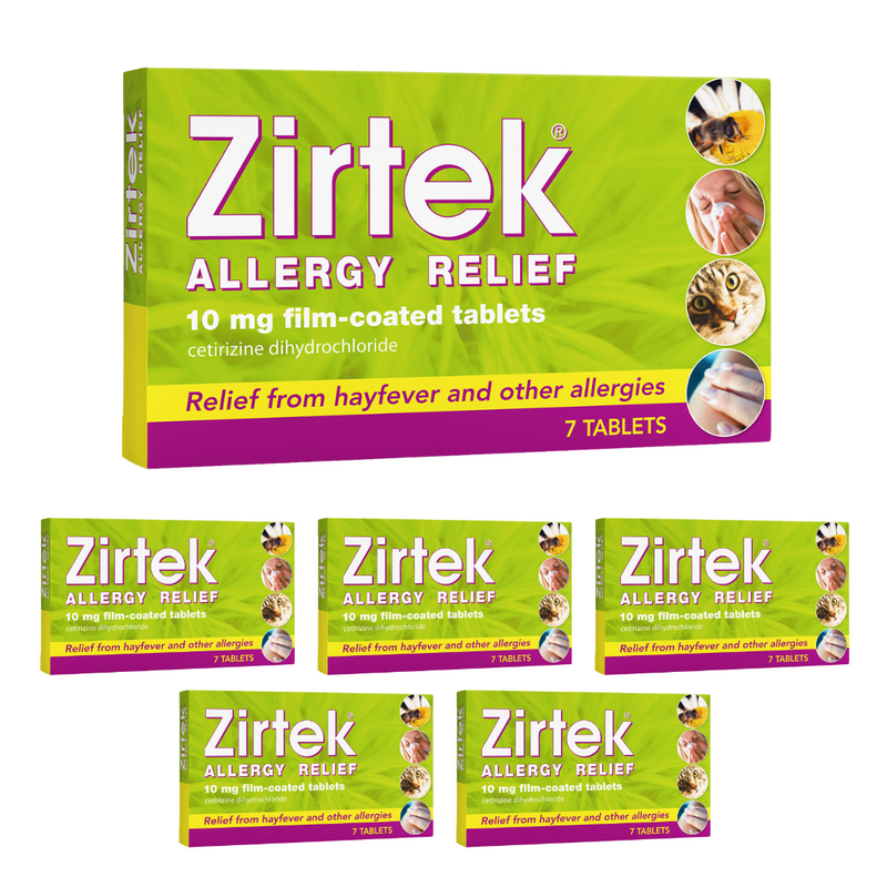 Load image into Gallery viewer, Zirtek Allergy Relief, Pack 6 x 7 Tablets | Hayfever, Dust, Pets, and Hives | Cetirizine Antihistamine Tablet | Helps Relieve Allergic Symptoms | For Adults and Children Over 6 Years
