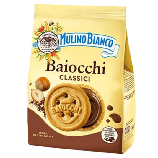 Mulino Bianco Baiocchi Hazelnut Biscuits – Authentic Italian Pastry Cookies with Hazelnut & Chocolate Cream Filling, Palm Oil Free (260g)