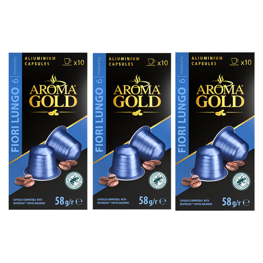 AROMA GOLD Fiori Lungo Coffee Pods 156g (30 Capsules) – Aluminium Coffee Capsules Nespresso Compatible Flavoured Coffe Pods Barista-Approved, Mild & Harmonious Taste Perfect for Nespresso Machines