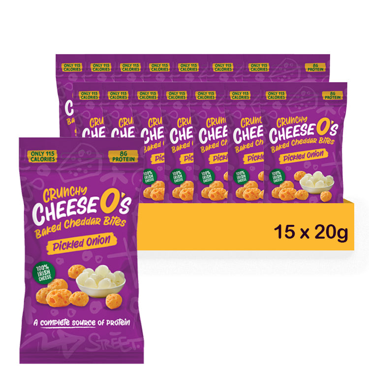 Load image into Gallery viewer, CheeseO's Crunchy Cheese Snacks Pickled Onion Pack of 5x20g - Cheddar Bites, Keto Snacks, High Protein Snack, Baked Crisps Low Carb Gluten Free Vegetarian Savoury Snack
