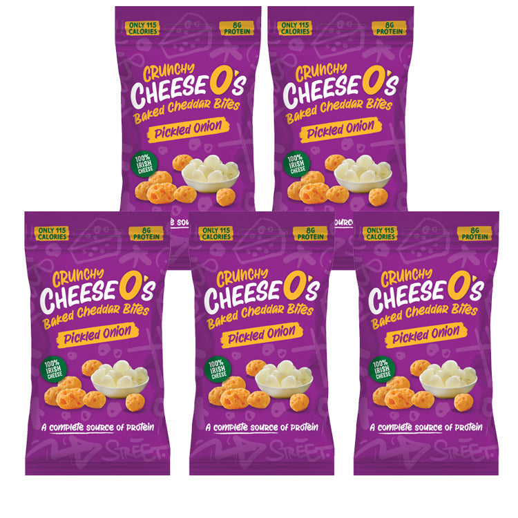Load image into Gallery viewer, CheeseO's Crunchy Cheese Snacks Pickled Onion Pack of 5x20g - Cheddar Bites, Keto Snacks, High Protein Snack, Baked Crisps Low Carb Gluten Free Vegetarian Savoury Snack
