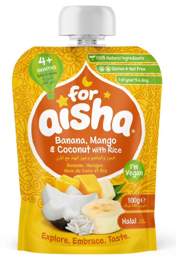 Load image into Gallery viewer, For Aisha Banana, Mango &amp; Coconut with Rice Fruit Pouch 100g
