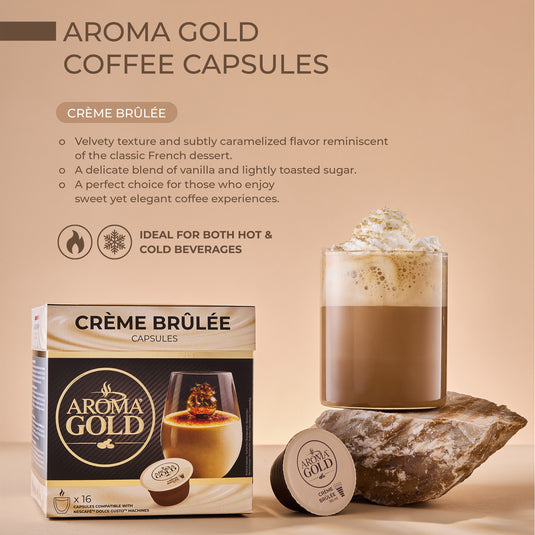 AROMA GOLD Creme Brulee Flavour Coffee Pods 16 Capsules – Coffee Capsules Dolce Gusto Compatible Flavoured Coffee Pods for Coffee Machines Barista-Approved, Mild & Harmonious Taste