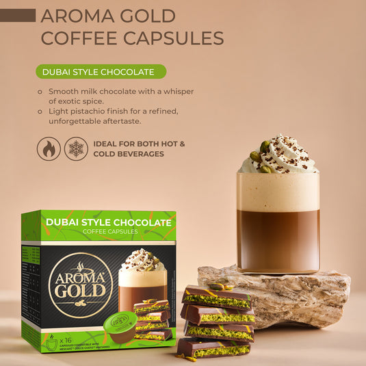AROMA GOLD Dubai Chocolate Flavour Coffee Pods 16 Capsules – Coffee Capsules Dolce Gusto Compatible Flavoured Coffee Pods for Coffee Machines Barista-Approved, Mild & Harmonious Taste