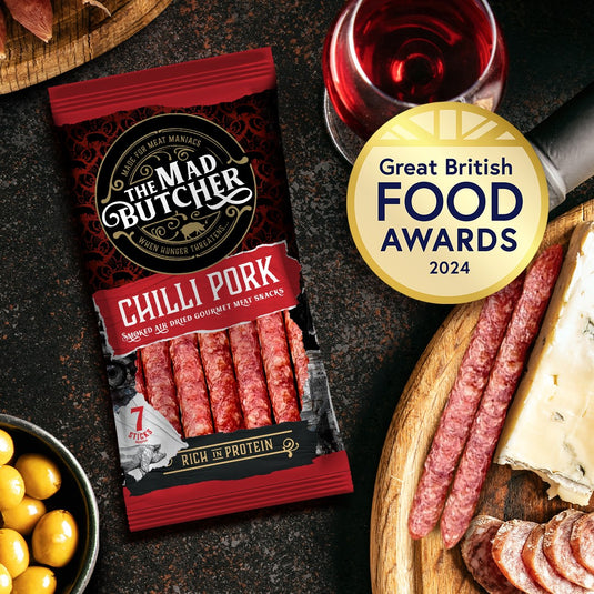 The Mad Butcher Salami Sticks 560g | Spicy Pork Classic & Chilli, Variety Pack | High Protein Meat Snack | Mini Salami Snacks | Gluten Free Snack Sticks Keto Diet | 70g X 8
