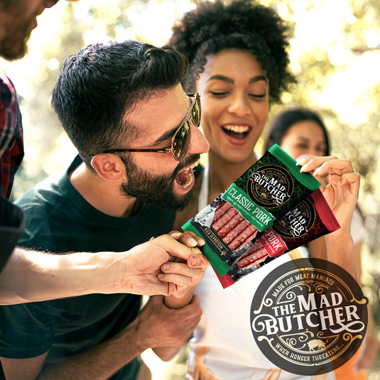 The Mad Butcher Salami Sticks 560g | Spicy Pork Classic & Chilli, Variety Pack | High Protein Meat Snack | Mini Salami Snacks | Gluten Free Snack Sticks Keto Diet | 70g X 8