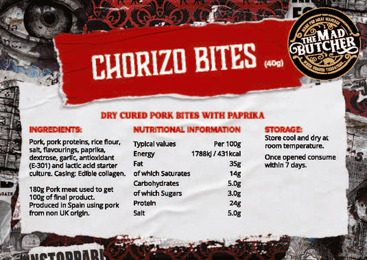 Mad Butcher Chorizo Bites | Pack of 12 – 40 g Mini Chorizo Snack