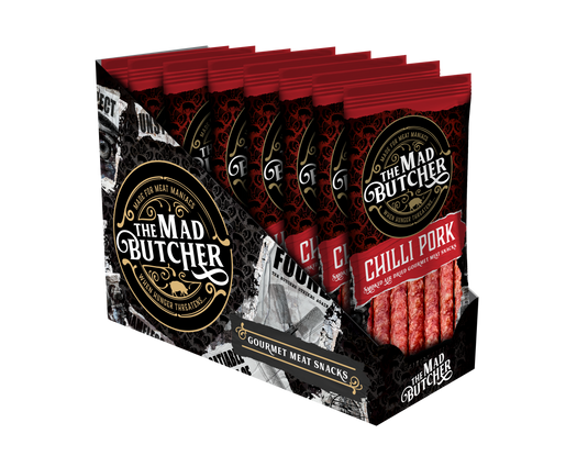 The Mad Butcher Chilli Pork Salami Sticks 70g | Pack of 8 | High Protein Meat Snack | Gluten Free Snack Sticks Keto Diet