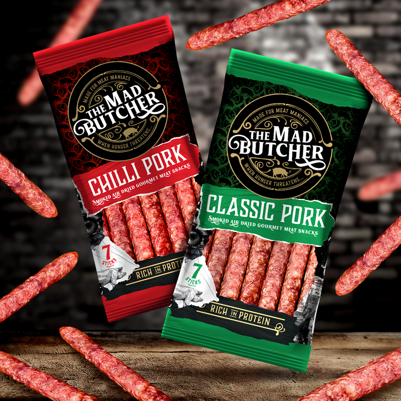 Load image into Gallery viewer, The Mad Butcher Salami Sticks 560g | Spicy Pork Classic &amp; Chilli, Variety Pack | High Protein Meat Snack | Mini Salami Snacks | Gluten Free Snack Sticks Keto Diet | 70g X 8

