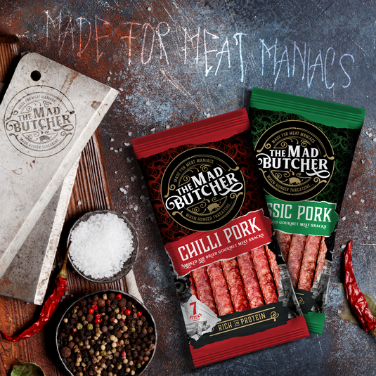 The Mad Butcher Chilli Pork Salami Sticks 70g | Pack of 8 | High Protein Meat Snack | Gluten Free Snack Sticks Keto Diet