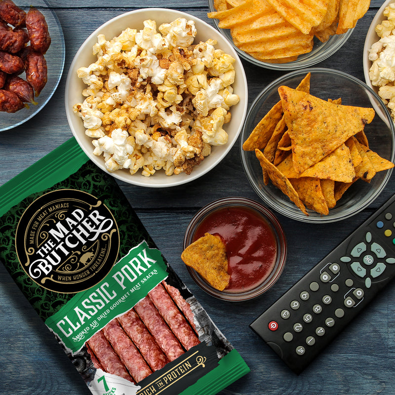 Load image into Gallery viewer, The Mad Butcher Salami Sticks 560g | Pork Classic | High Protein Meat Snack | Mini Salami Snacks | Gluten Free Snack Sticks Keto Diet | 70g X 8
