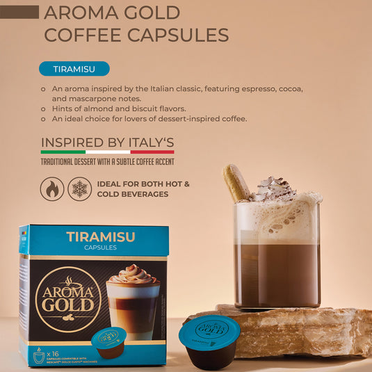 AROMA GOLD Tiramisu Flavour Coffee Pods (16 Capsules) – Coffee Capsules Dolce Gusto Compatible Flavoured Coffee Pods for Coffee Machines Barista-Approved, Mild & Harmonious Taste