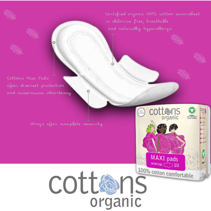 Cottons Organic Maxi Sanitary Pads With Wings Medium Flow Pack of 10