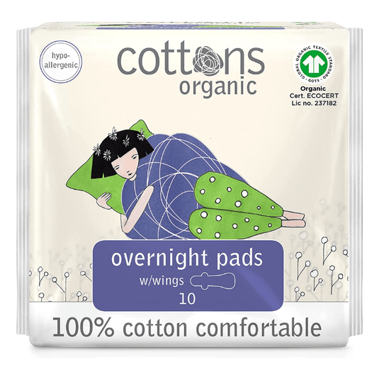 Cottons Organic Overnight Sanitary Pads with Wings Heavy Flow Pack of 10