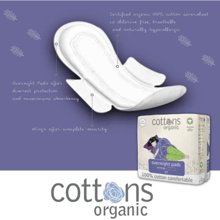 Cottons Organic Overnight Sanitary Pads with Wings Heavy Flow Pack of 10